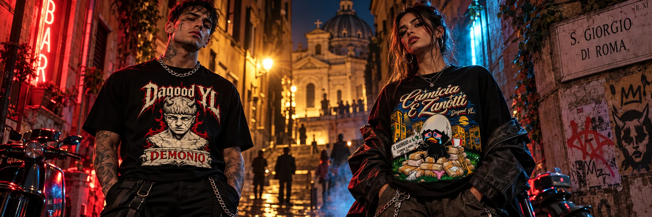 Modelli streetwear a Roma di notte con T-Shirt Dagood YL Demonio Gotico e Camicia e Zanotti, illuminate da luci neon rosse e blu.